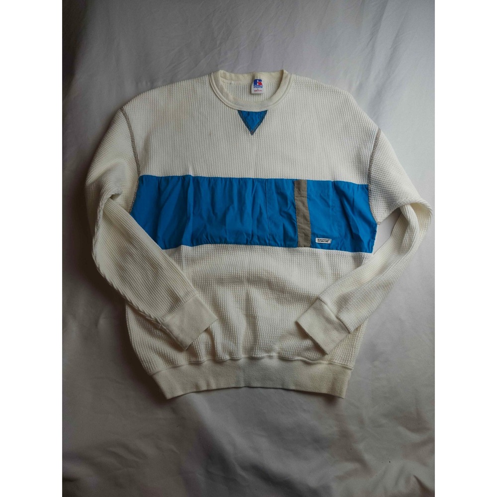 Vintage Russell Athletic Thermal Sweatshirt Mens L White Blue Nylon Stripe USA